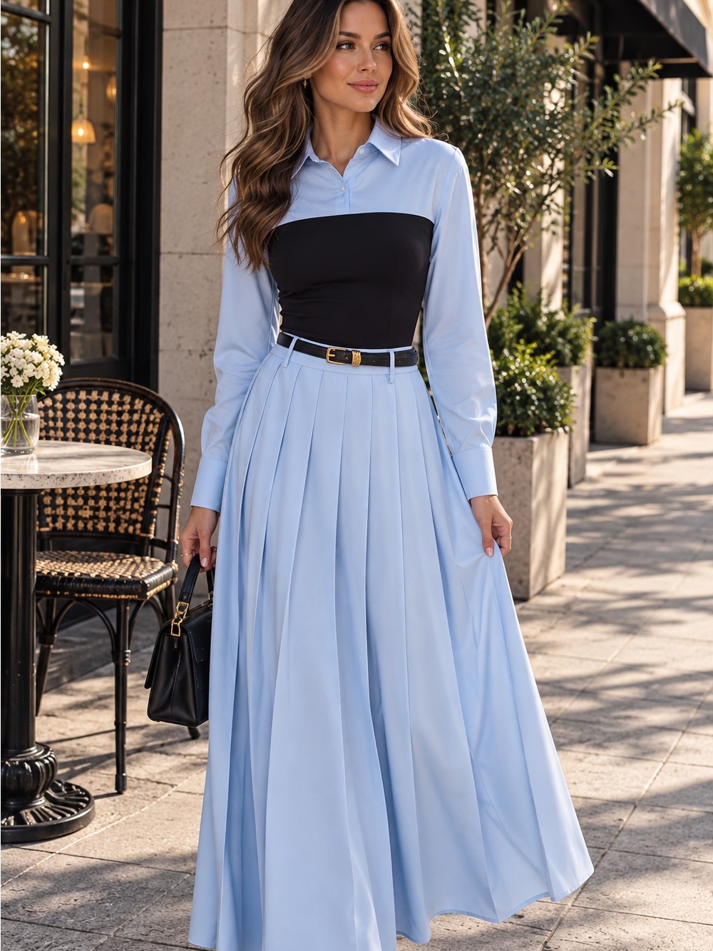 COMMENSE Light Blue Pleated Top and Maxi Skirt